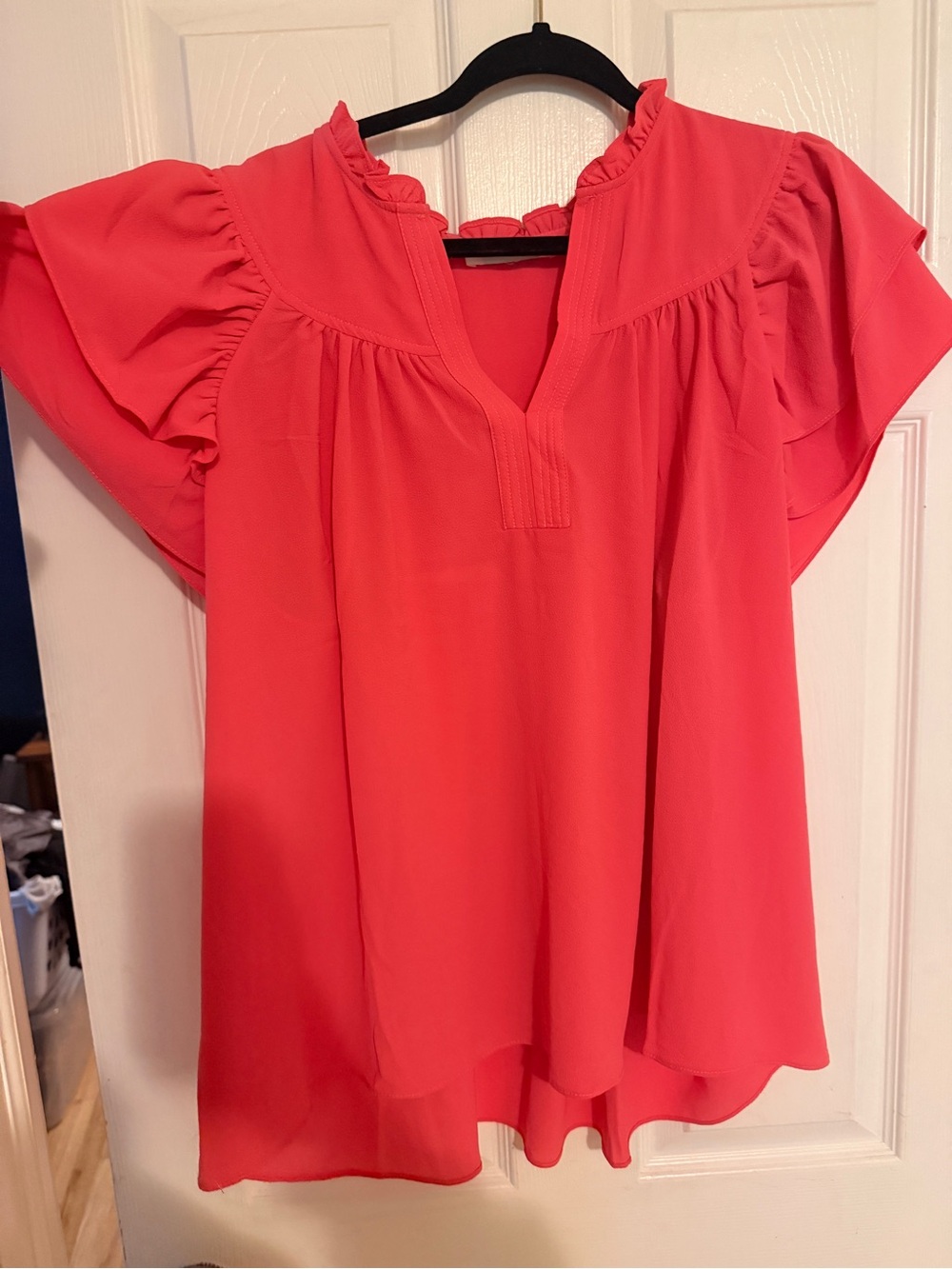 Flutter Sleeve V-Neck Blouse in Coral Pink